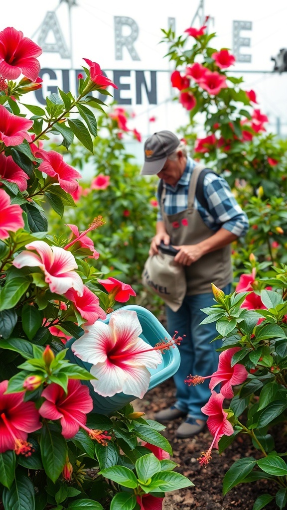 A gardener tending to vibrant hibiscus flowers in a garden