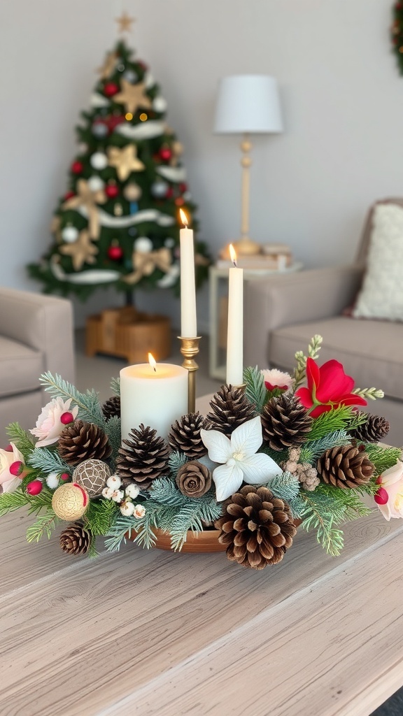 A festive winter centerpiece with candles, pinecones, and flowers, set in a cozy living room with a Christmas tree.