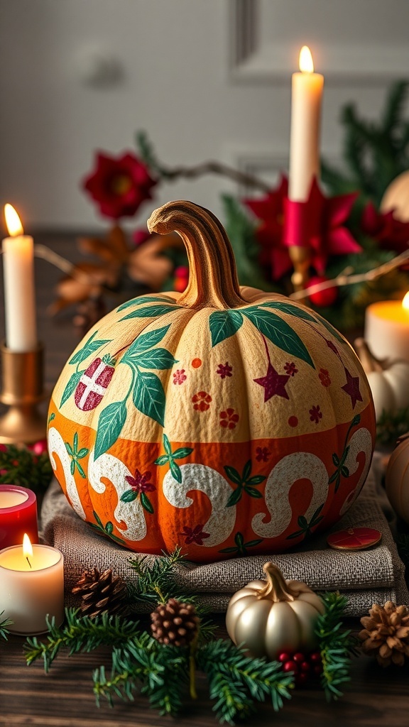 A beautifully painted pumpkin with festive holiday patterns, surrounded by candles and pinecones.