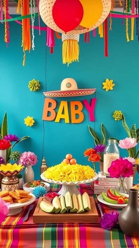 A colorful fiesta-themed baby shower setup with vibrant decorations, a cake, and snacks.