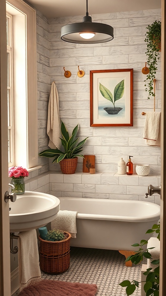 Cozy bathroom with light gray brick walls, a bathtub, and decorative plants