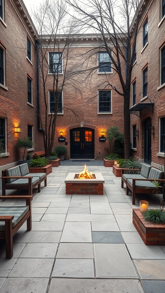 Cozy courtyard with a fire pit surrounded by seating and plants.