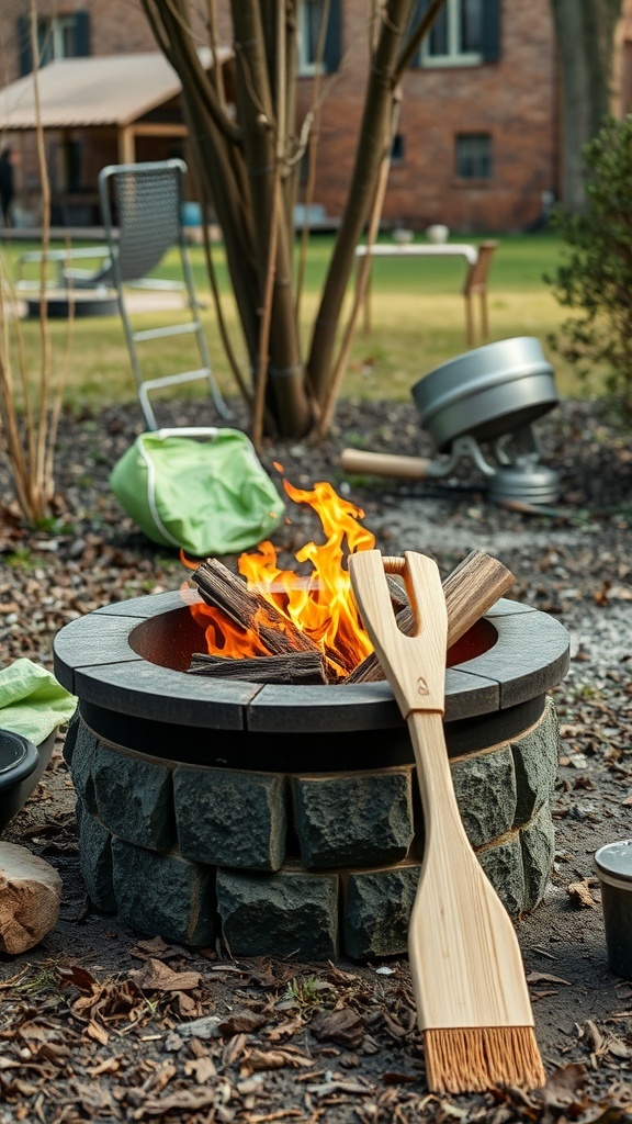 A cozy fire pit with flames, surrounded by stone, and a wooden brush nearby.