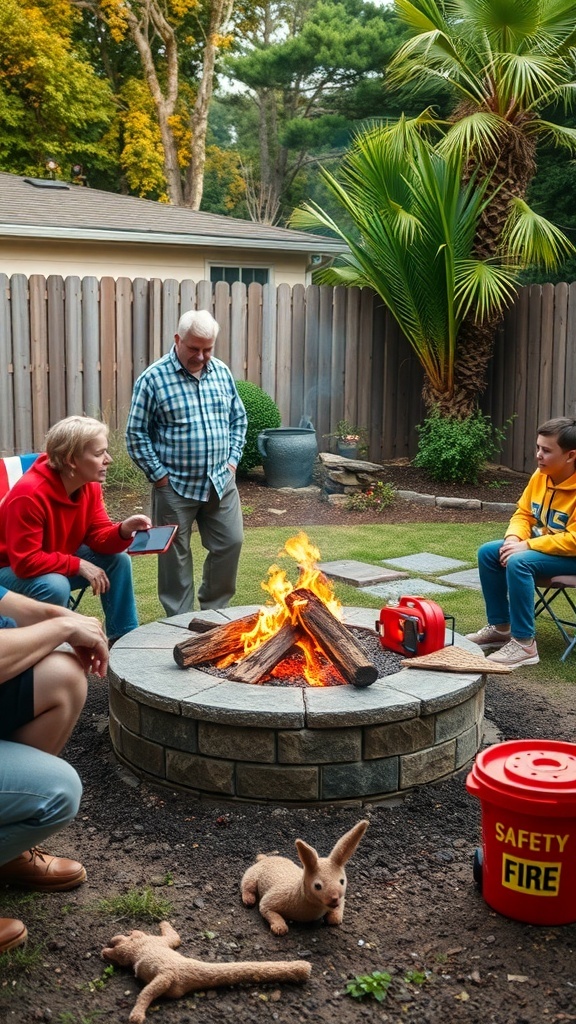 A family gathered around a stone fire pit in a backyard, enjoying the warmth of the fire.