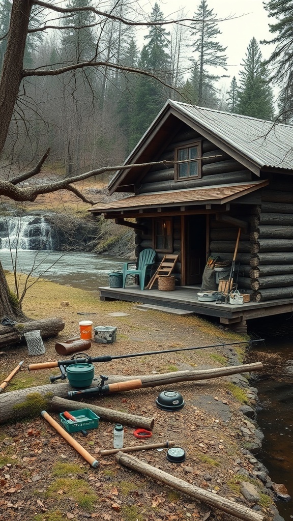 A cozy cabin by a river with fishing gear scattered around.