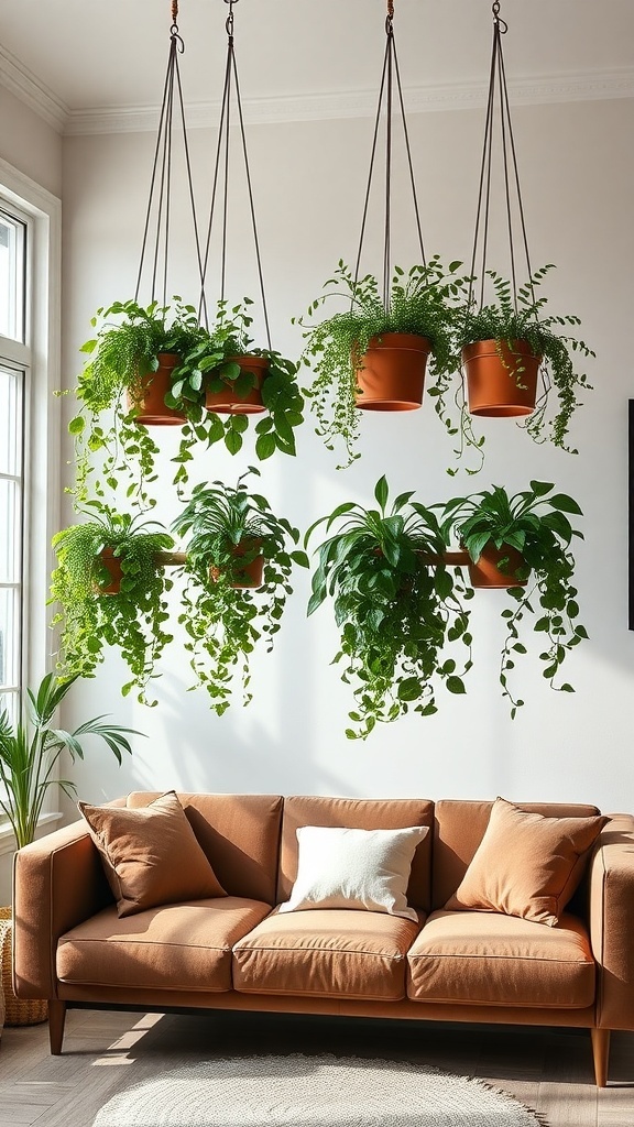 Hanging plants above a cozy couch in a stylish living room