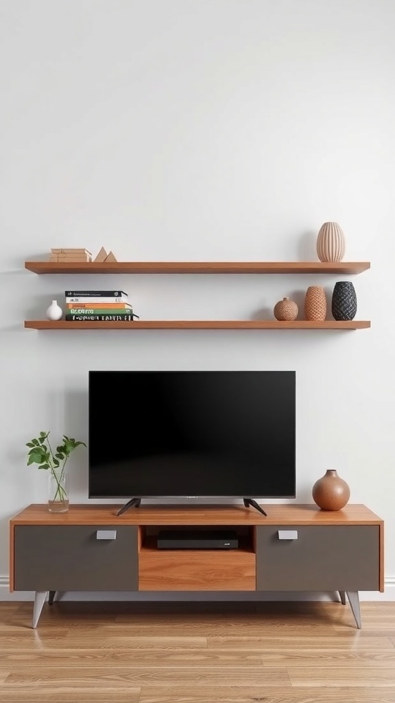 Floating wooden shelves above a TV unit displaying books and decorative vases.