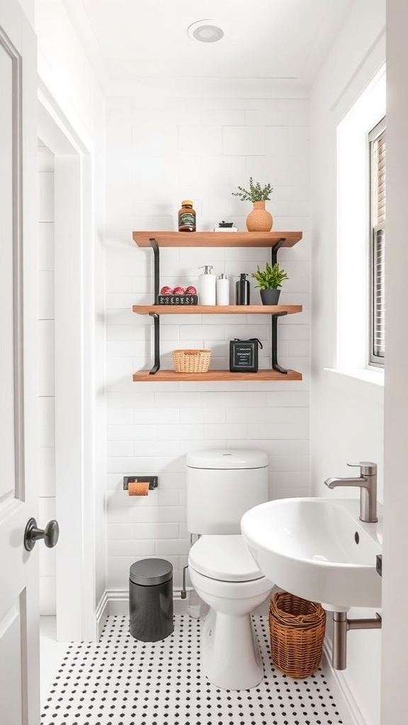 A small bathroom featuring floating wooden shelves above the toilet, displaying plants and toiletries.