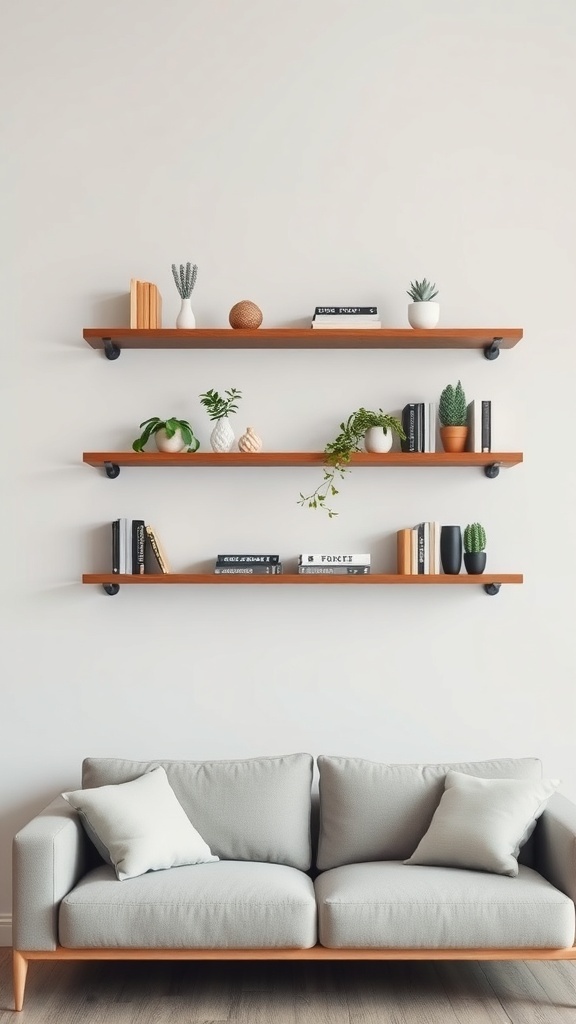 Floating shelves above a couch displaying plants, books, and decorative items