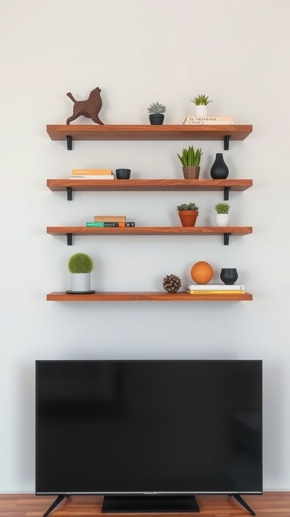 Floating shelves with various plants and decorative items above a TV