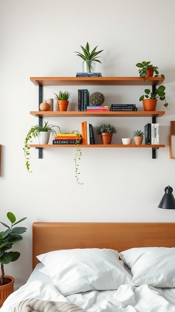 Floating shelves with various plants and books above a bed