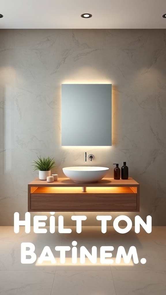A modern floating bathroom vanity with a round sink and illuminated mirror.