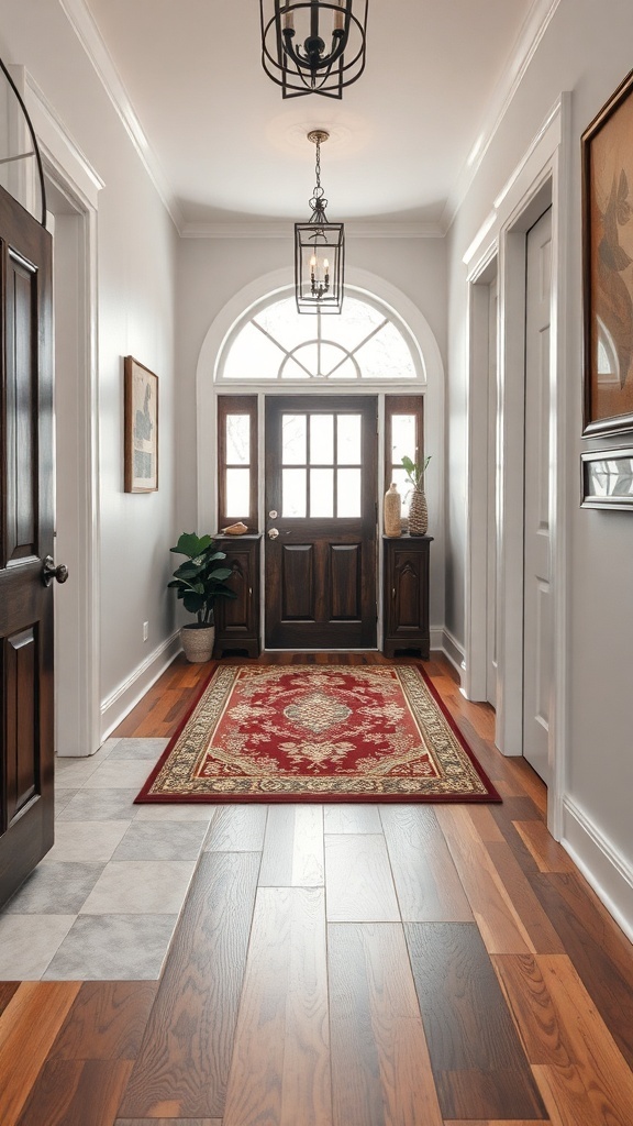 A stylish entry foyer with a mix of hardwood and tile flooring, featuring a decorative rug and elegant lighting.