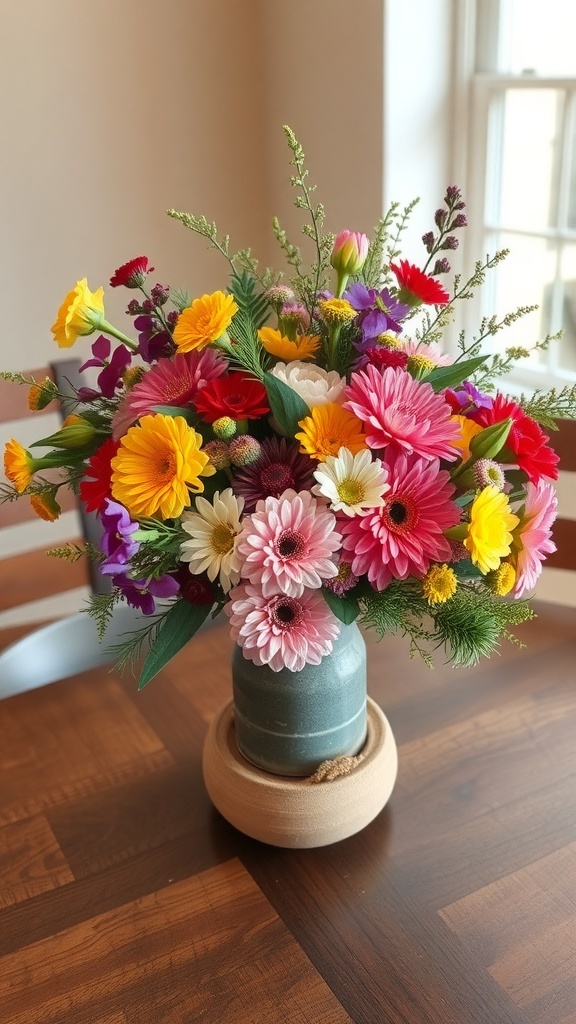 A vibrant floral arrangement featuring various seasonal flowers in a decorative vase.