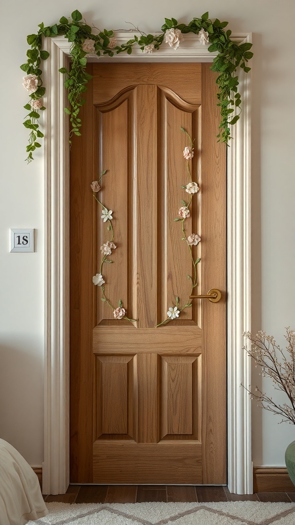 A wooden bedroom door decorated with floral embellishments and greenery.