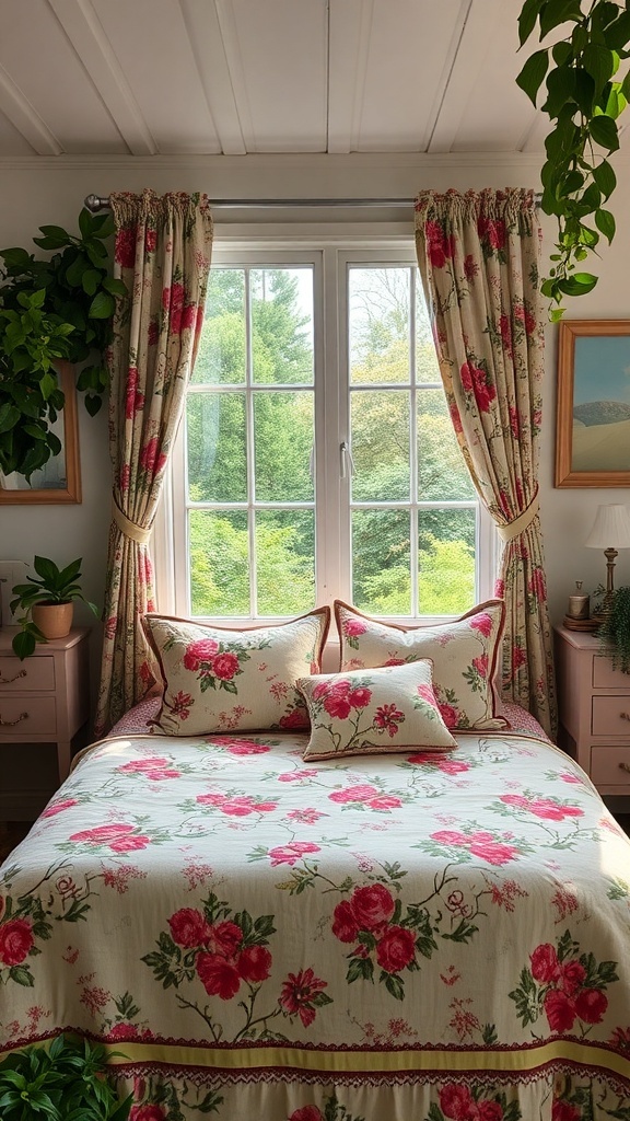 A cozy cottage bedroom with floral patterns on the bedspread and curtains, featuring a window with greenery outside.