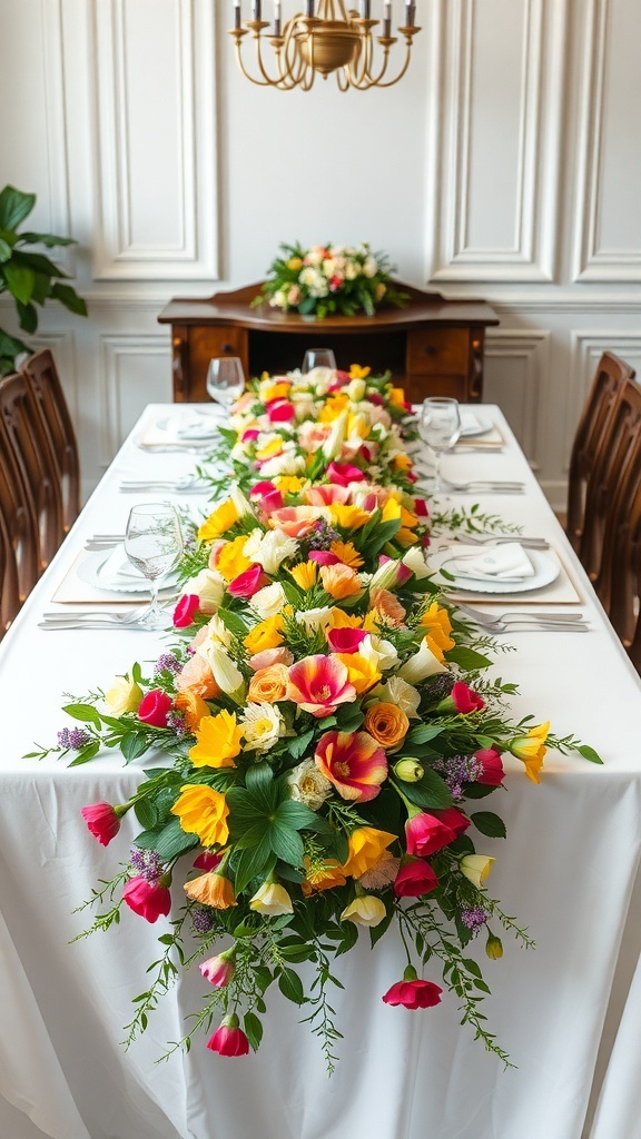 A beautifully arranged floral table runner featuring colorful flowers on a dining table.