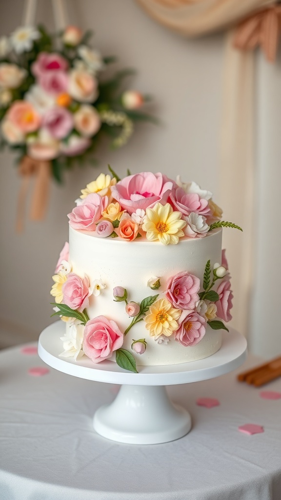 A beautifully decorated floral themed cake with pastel flowers on top, displayed on a white cake stand.