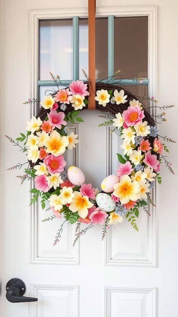 A vibrant Easter floral wreath adorned with pink and yellow flowers and colorful Easter eggs, hanging on a white door.