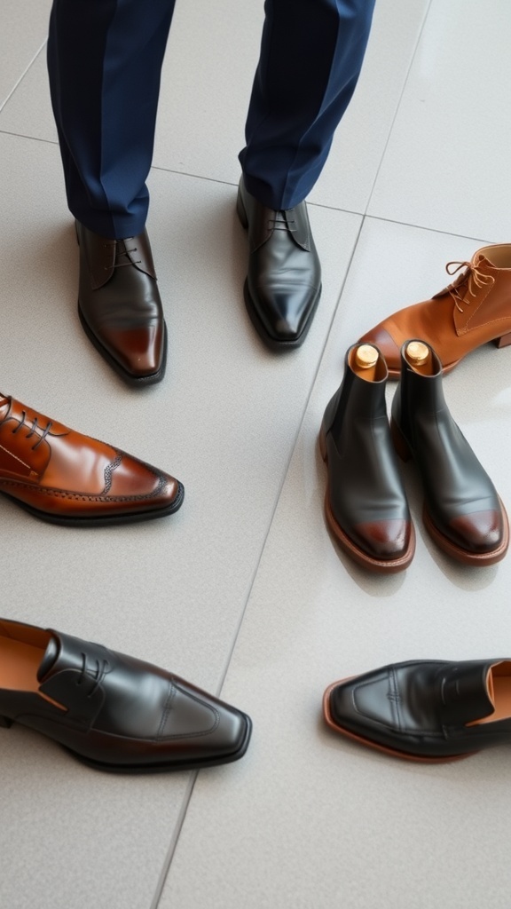 A variety of men's footwear options including black dress shoes, brown shoes, and ankle boots arranged on a floor.