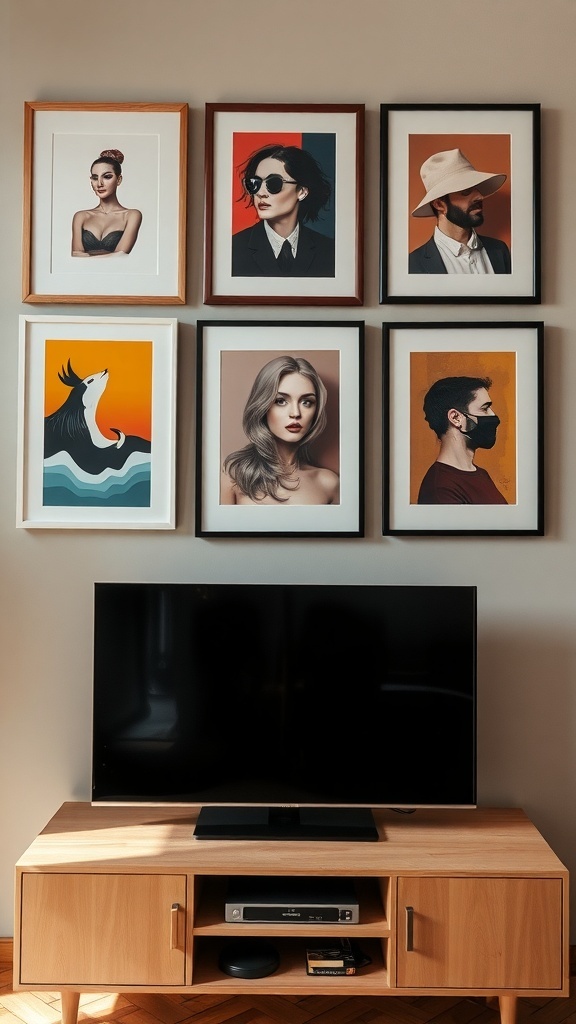 Framed art gallery above a TV showcasing various portraits and creative designs.