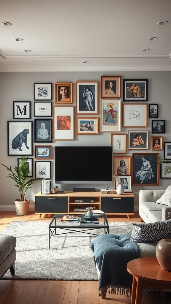 Wall decorated with framed art surrounding a TV