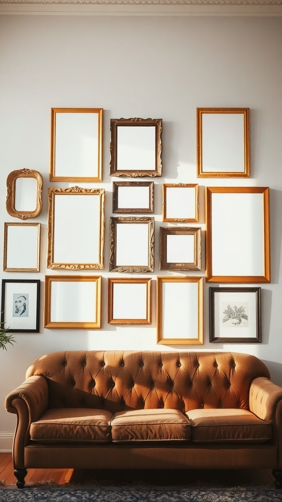 A collection of empty gold and silver framed mirrors mounted on a wall above a stylish couch.