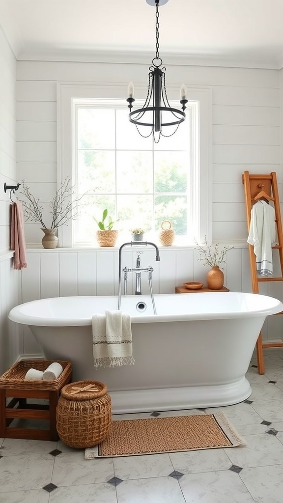 A bright farmhouse bathroom featuring a freestanding bathtub, a chandelier, and natural decor elements.