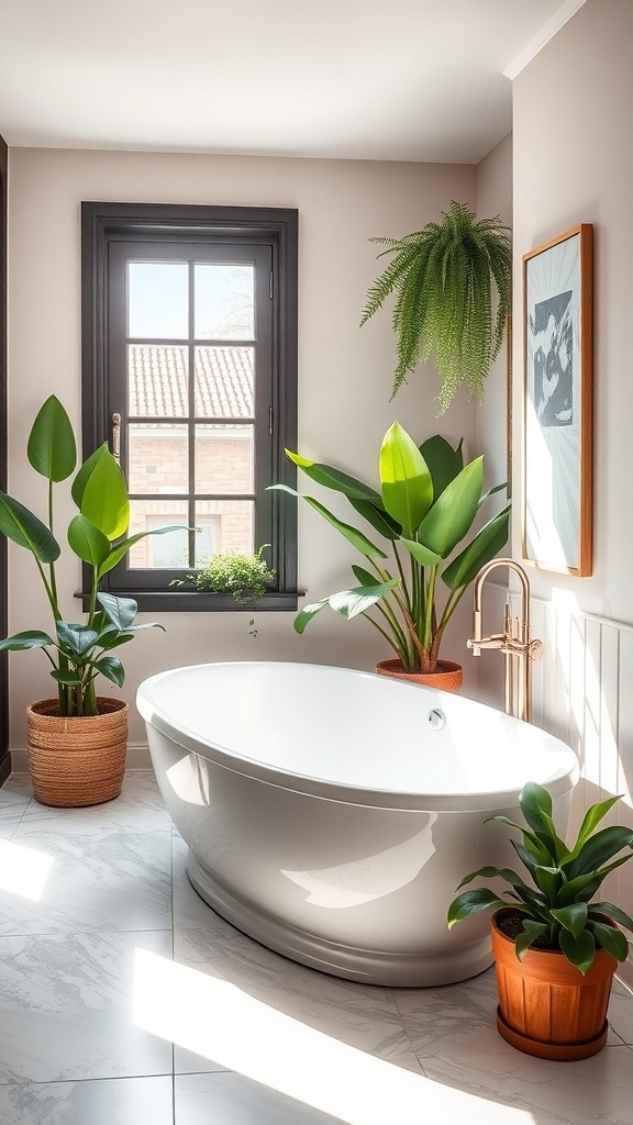 A modern freestanding bathtub surrounded by plants in a bright bathroom