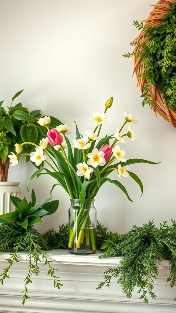 A fresh floral arrangement featuring pink tulips and white daffodils in a glass jar, surrounded by greenery on a mantel.