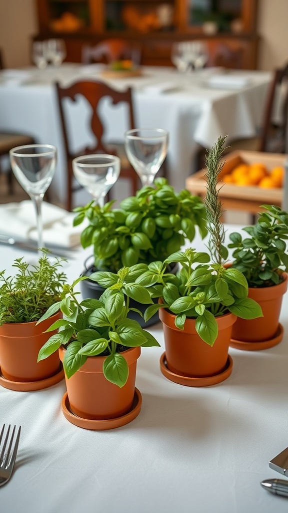 A table set with fresh herb pots, including basil and rosemary, on a white tablecloth.