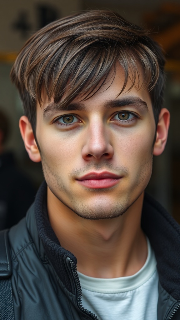 A young man with fine hair styled in a fringe cut, showcasing a modern and fresh look.