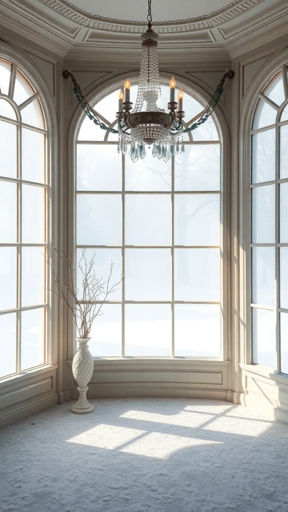 A cozy corner with frosted windows, a chandelier, and a vase with a bare branch.