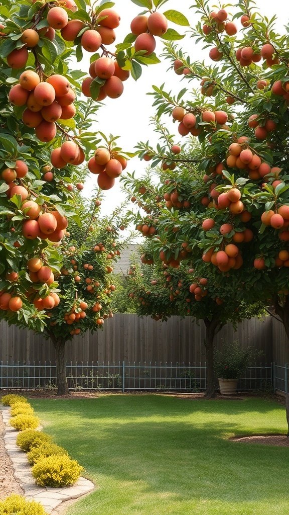 Backyard with fruit trees heavy with ripe fruit and a well-maintained lawn