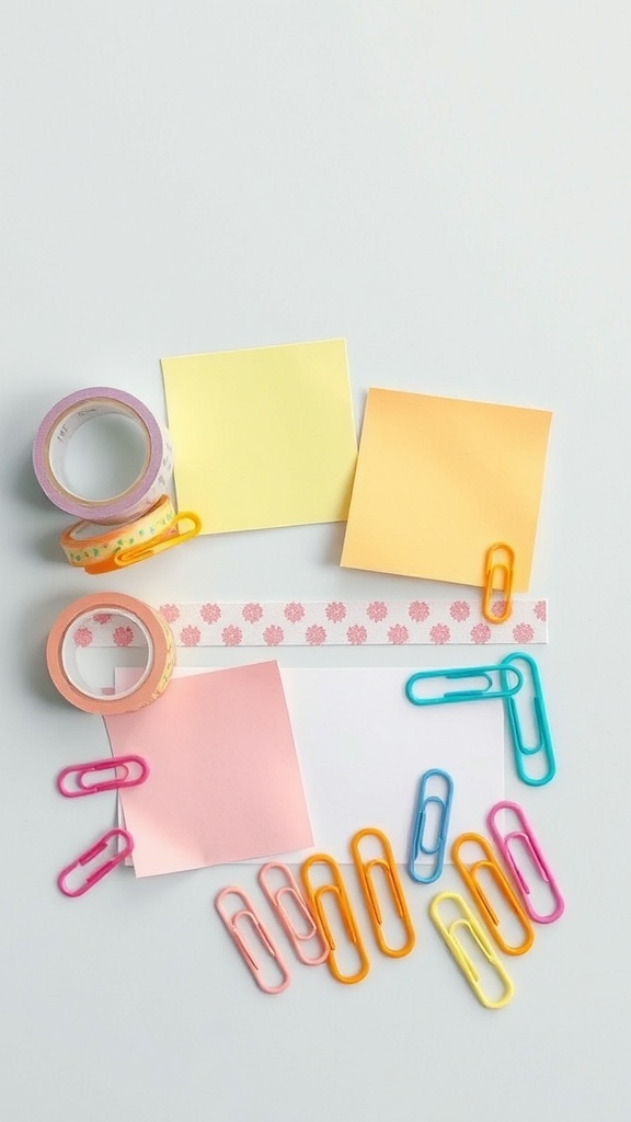 Colorful stationery supplies including sticky notes, paperclips, and washi tape scattered on a light surface