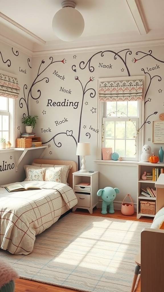 Whimsical bedroom with playful wall designs and cozy decor.