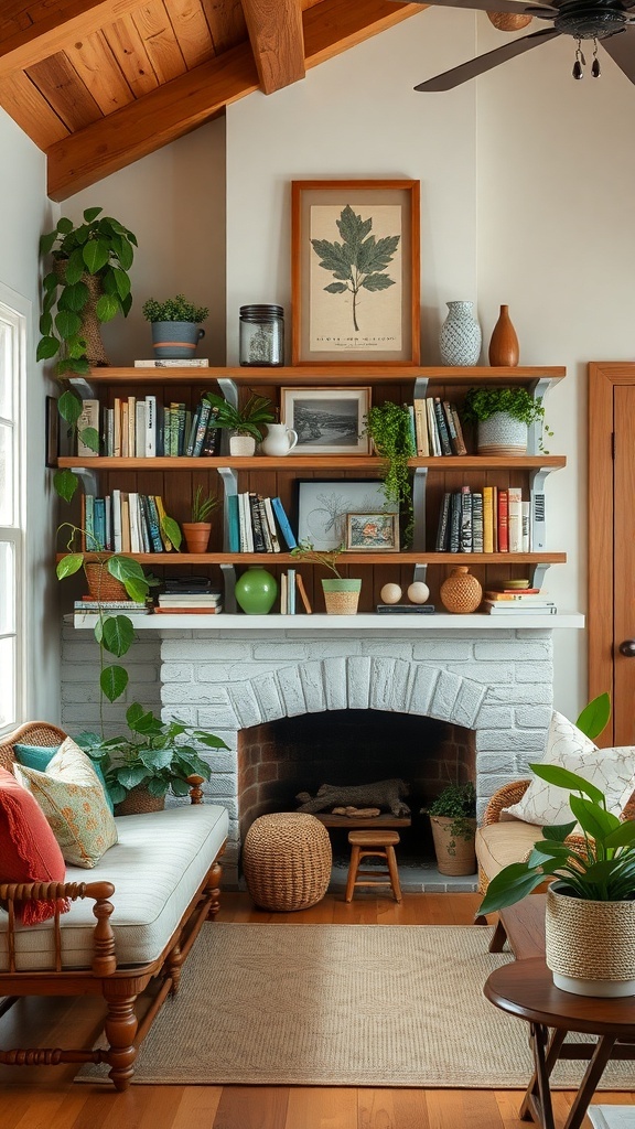Cozy cottage living room with functional wooden shelving, books, plants, and decorative items.