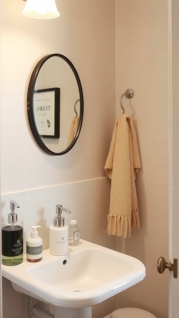 A stylish half bathroom featuring a round mirror, light fixture, soap dispensers, a towel, and framed artwork.