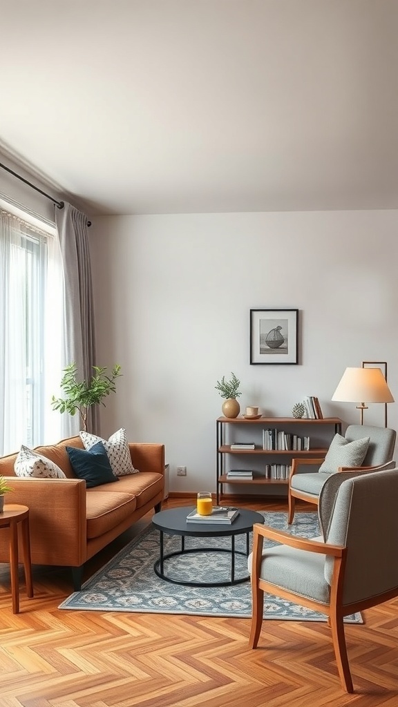 Cozy living room with orange sofa, patterned pillows, round coffee table, and plants
