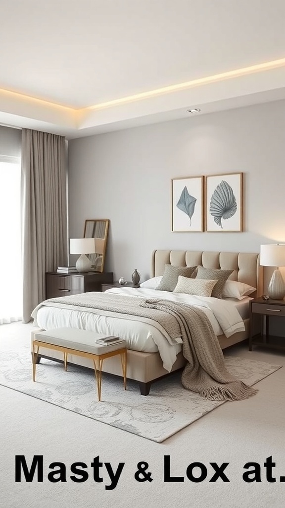 A stylish master bedroom featuring a soft bed with decorative pillows, nightstands, and a cozy throw.