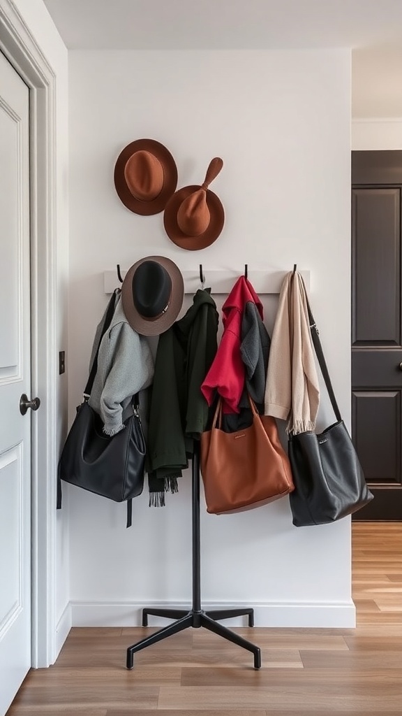 A stylish coat rack with hooks holding various coats and bags, with hats displayed above.