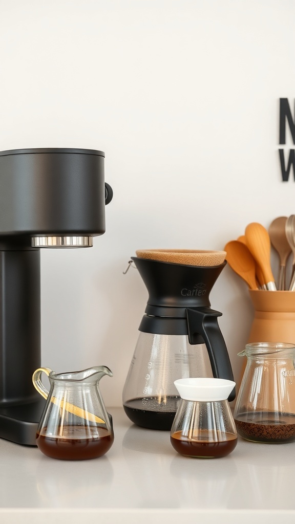 A modern coffee brewing area featuring a coffee maker, pour-over dripper, and glass containers.