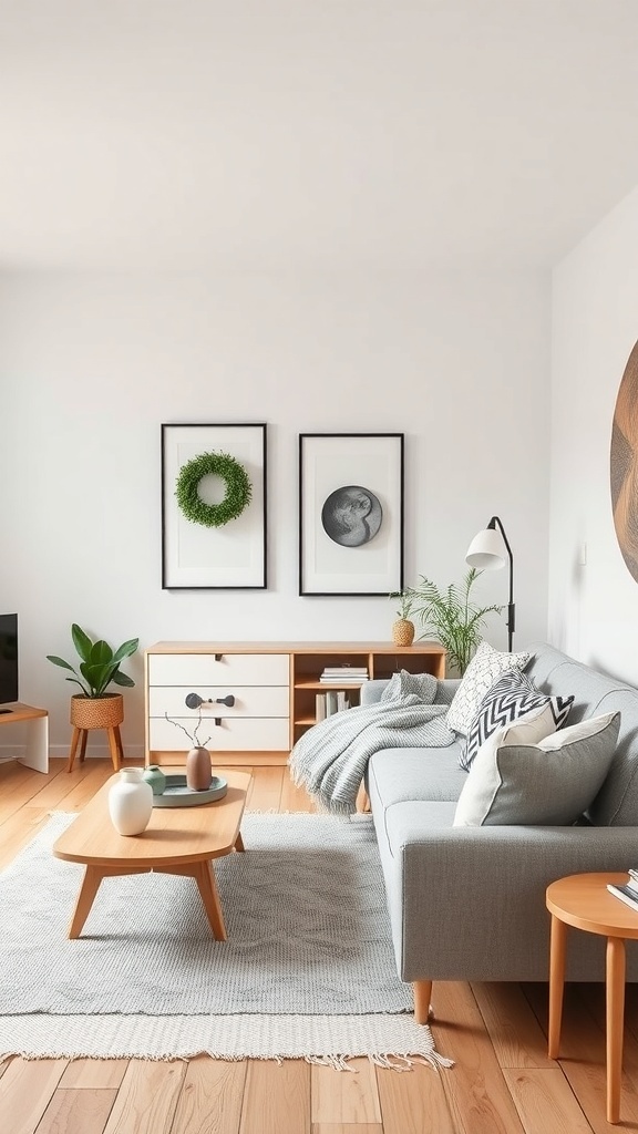A cozy and stylish Scandinavian living room with modern decor, featuring a gray sofa, wooden furniture, and green plants.