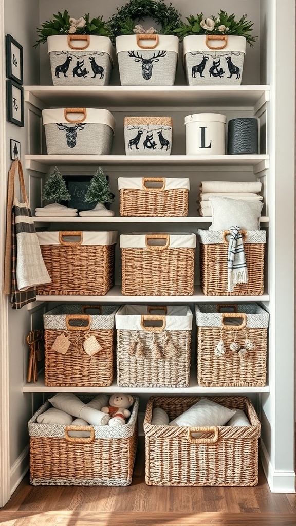 Stylish storage baskets on a shelf, featuring winter motifs and a cozy decor style.