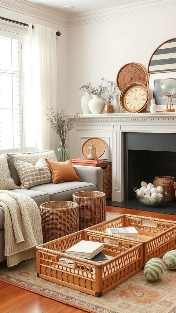 A cozy winter living room with a gray sofa, decorative pillows, woven trays, and a stylish mantel display.