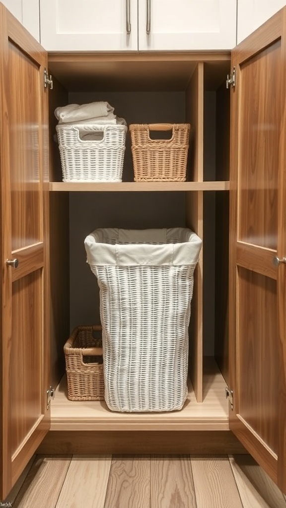 A laundry room cabinet featuring a large white pull-out hamper and two smaller woven baskets.