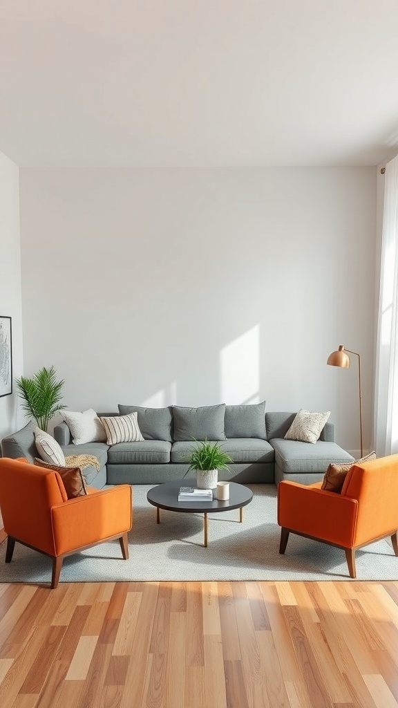 A cozy living room with a grey sofa, two orange chairs, and a round coffee table, creating a warm and inviting space.