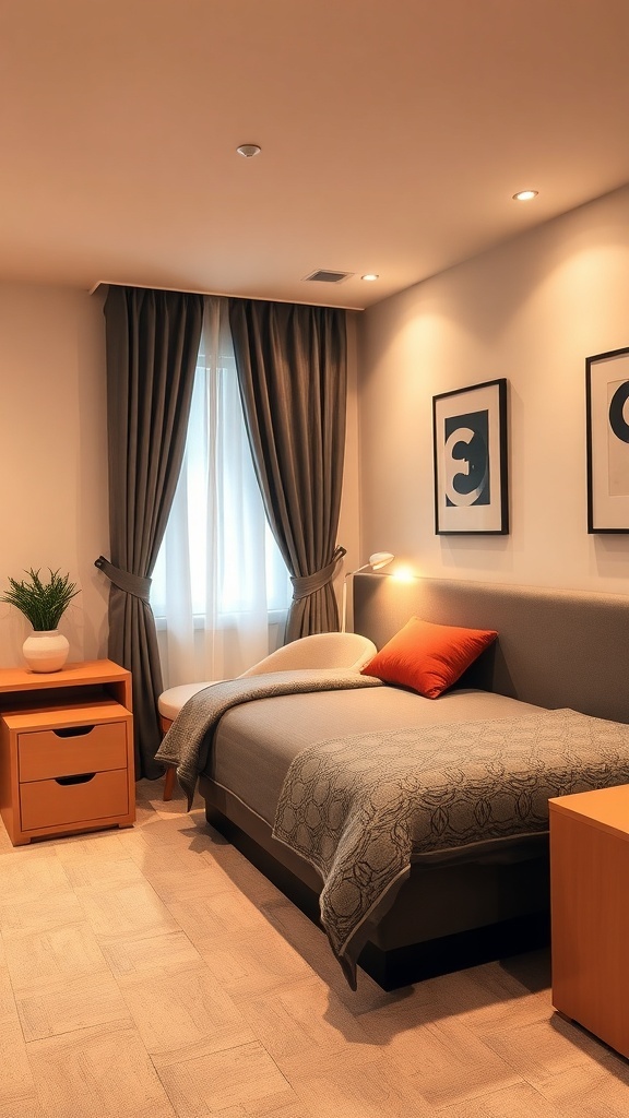 Cozy guest bedroom with a bed, nightstand, and a chair by the window