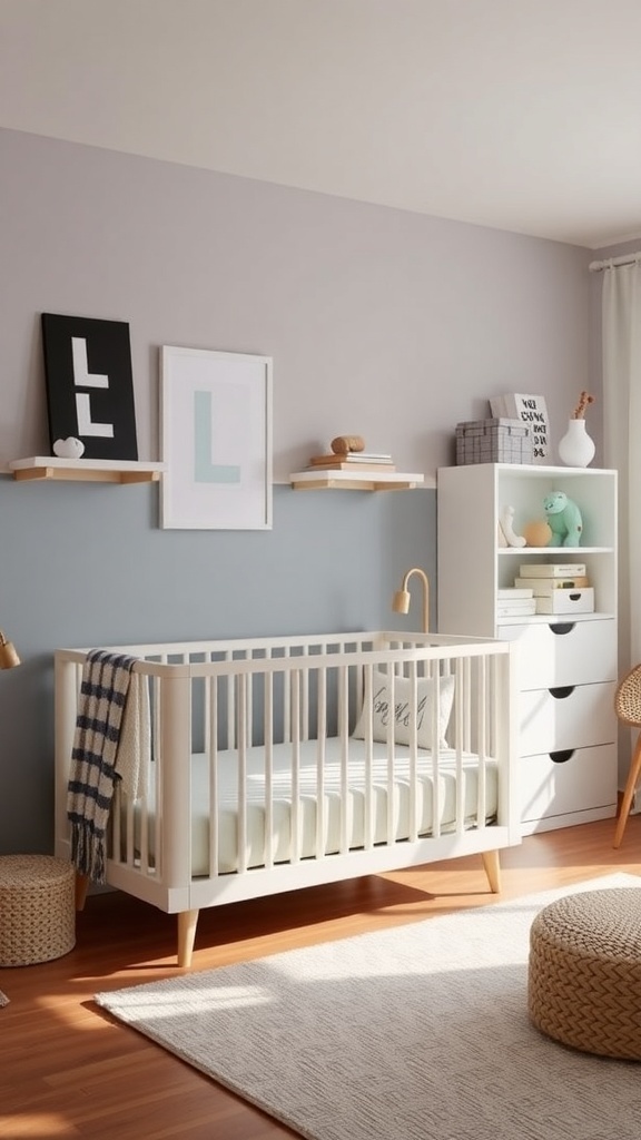 A gender-neutral nursery featuring a crib, shelves, and a dresser in soft colors.