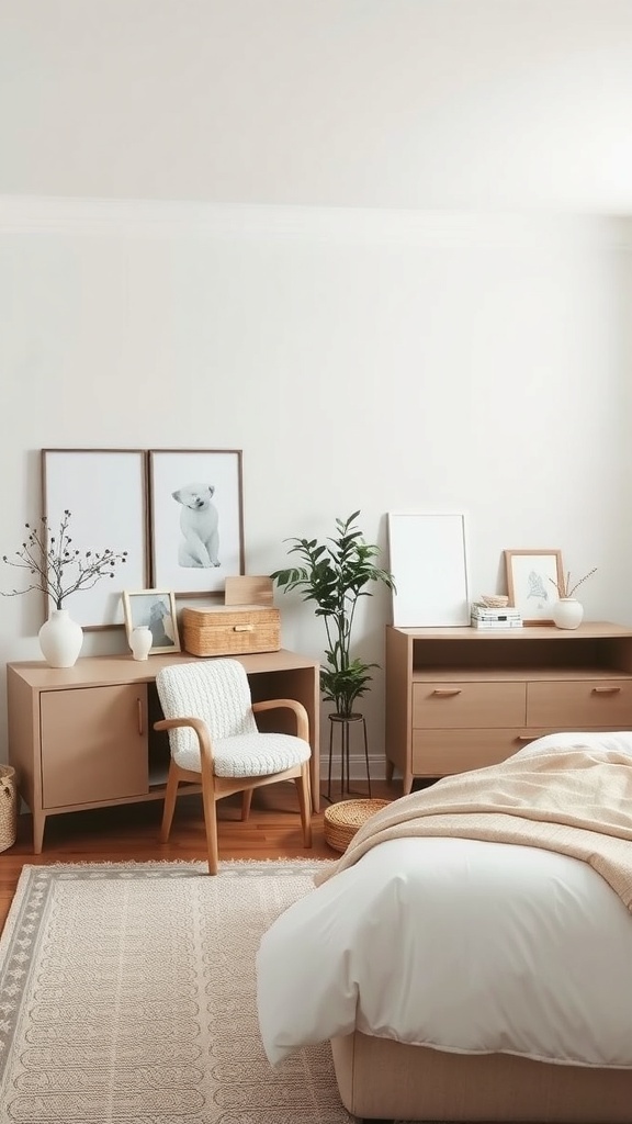 A neutral-toned bedroom featuring functional furniture like a light wooden dresser and chair.